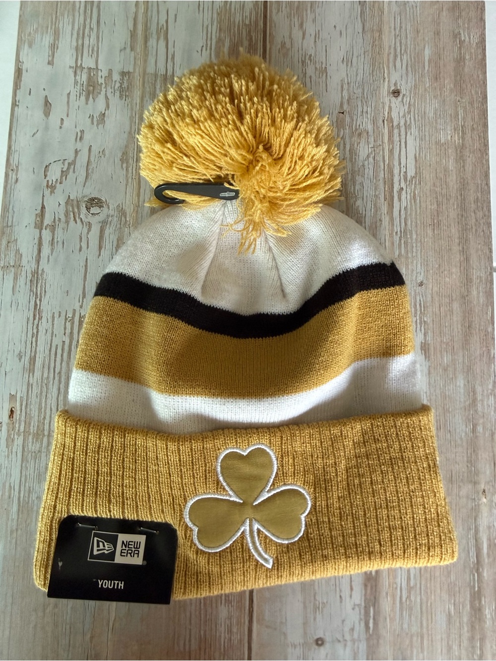 NWT New Era NBA Boston Celtics Kids Knit Pom Beanie Hat Gold/White/Black
